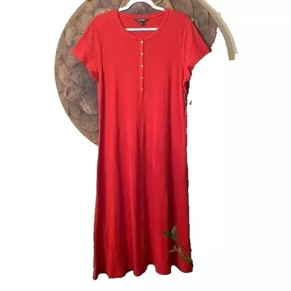 Lauren Ralph Lauren Waffle-Knit Cotton Henley Dress size XL NWT Red - Picture 1 of 5